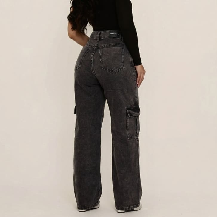 Calça Cargo Deerf Jeans Feminina Cinza Grafite Cintura Alta com Bolsos