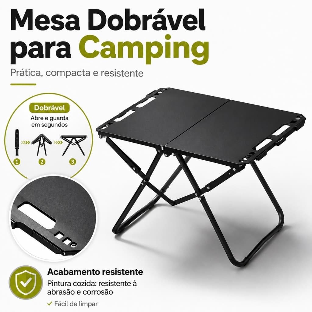 Mesa Tática Dobrável Camping Aço Carbono Suporta 50kg Gancho Lateral Portátil Pesca