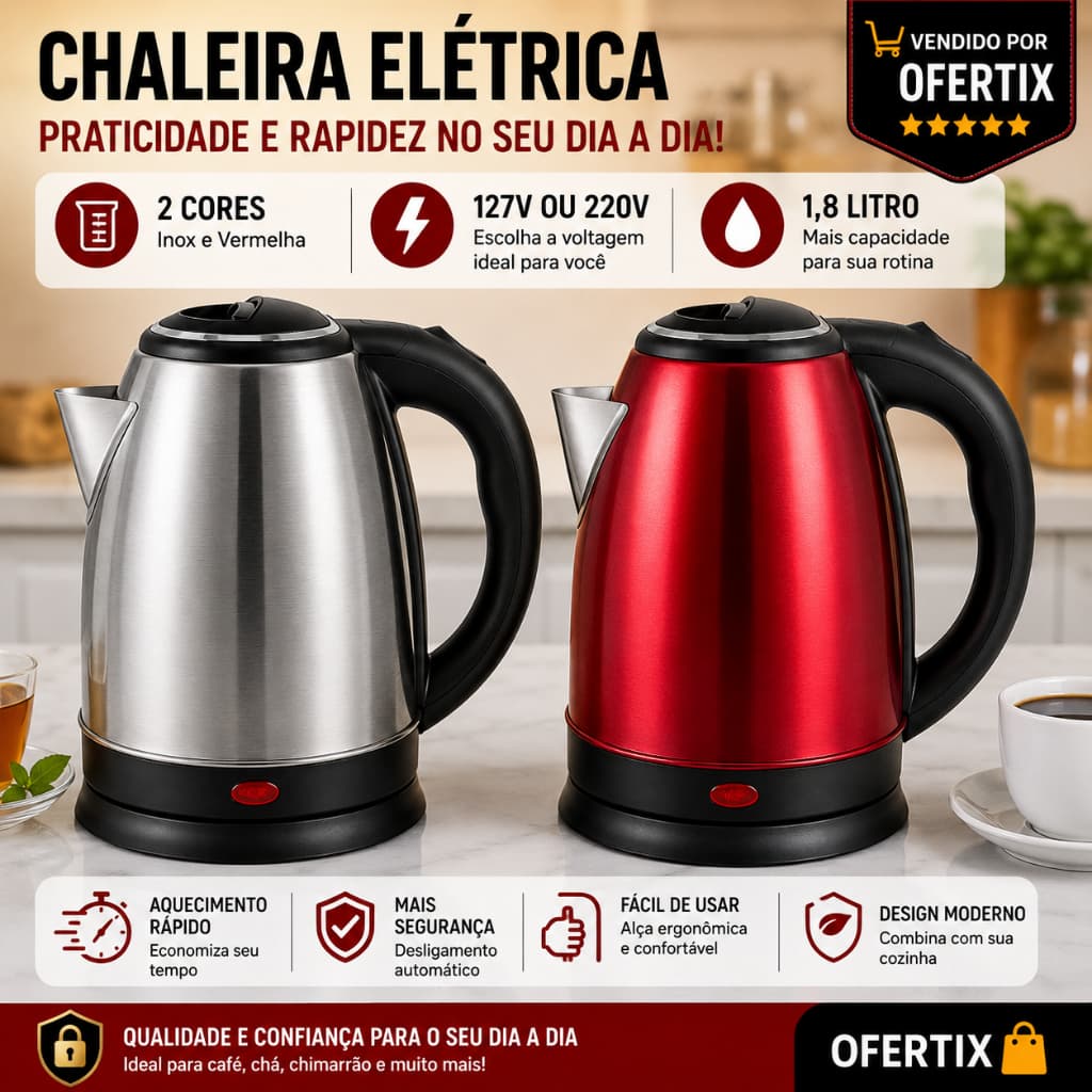 Chaleira Elétrica 1,8L Inox 127V 1000W ou 220V 1500W Vermelha e Inox Aquecimento Rápido