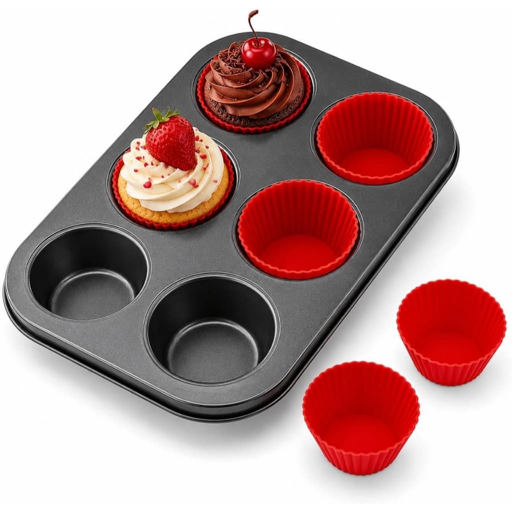 Forma para Cupcake e Muffin - Assadeira com 6 Cavidades Antiaderente, Kit com 6 Forminhas de Silicone