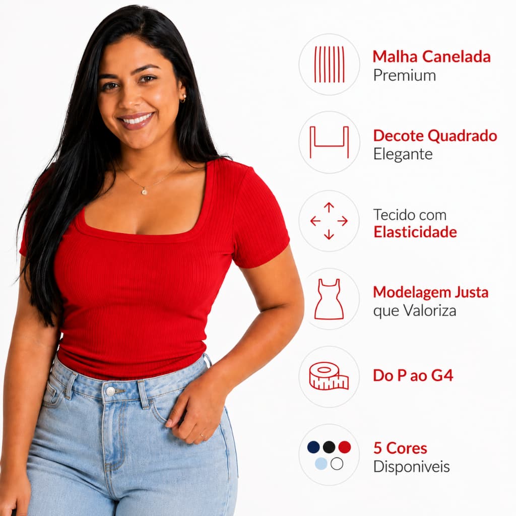Blusa Feminina Canelada Decote Quadrado Manga Curta Justa Básica Premium P ao G4