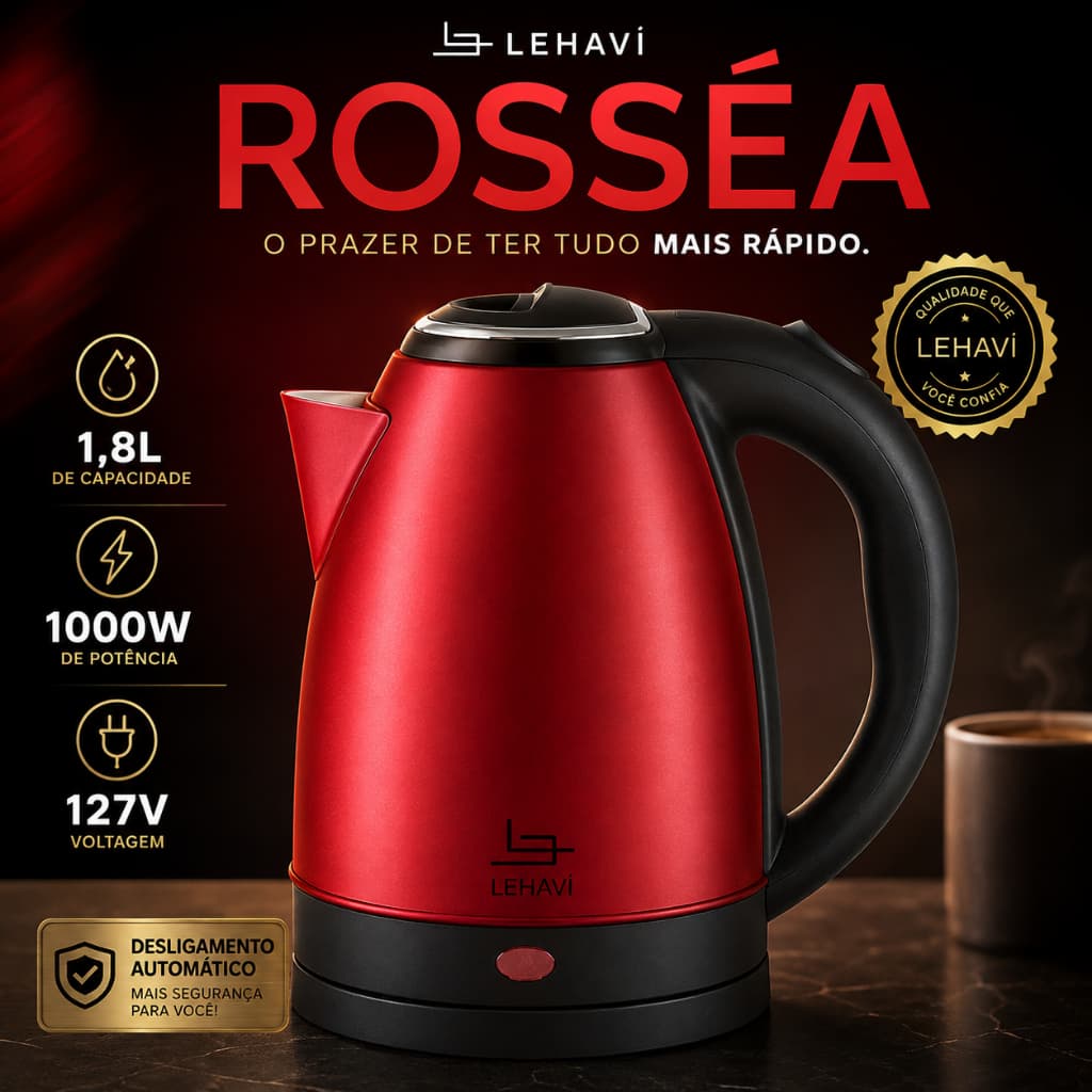 Chaleira Elétrica Rosséa 1,8L 1000W 127V Vermelha – Jarra Elétrica para Café, Chá e Água Quente