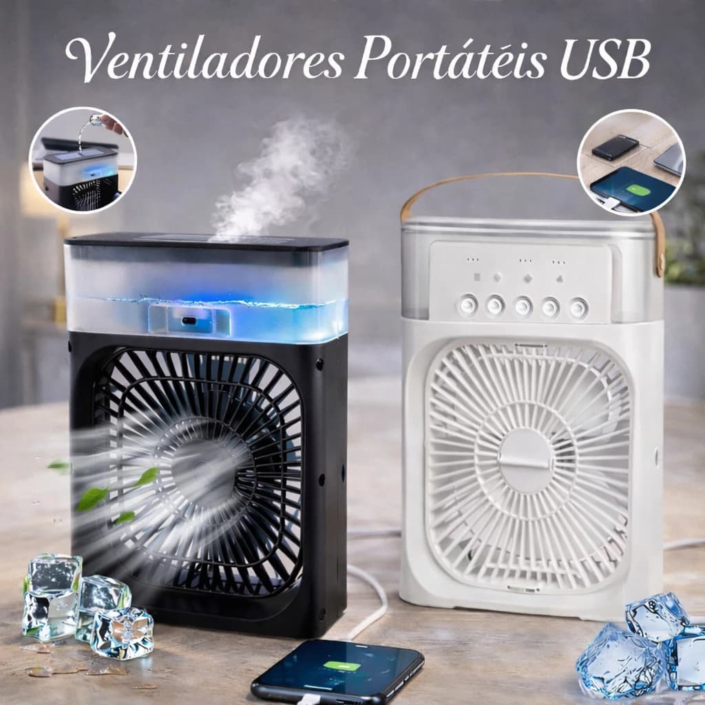 Ventilador Climatizador Portátil Recarregável USB Preto Compacto Silencioso