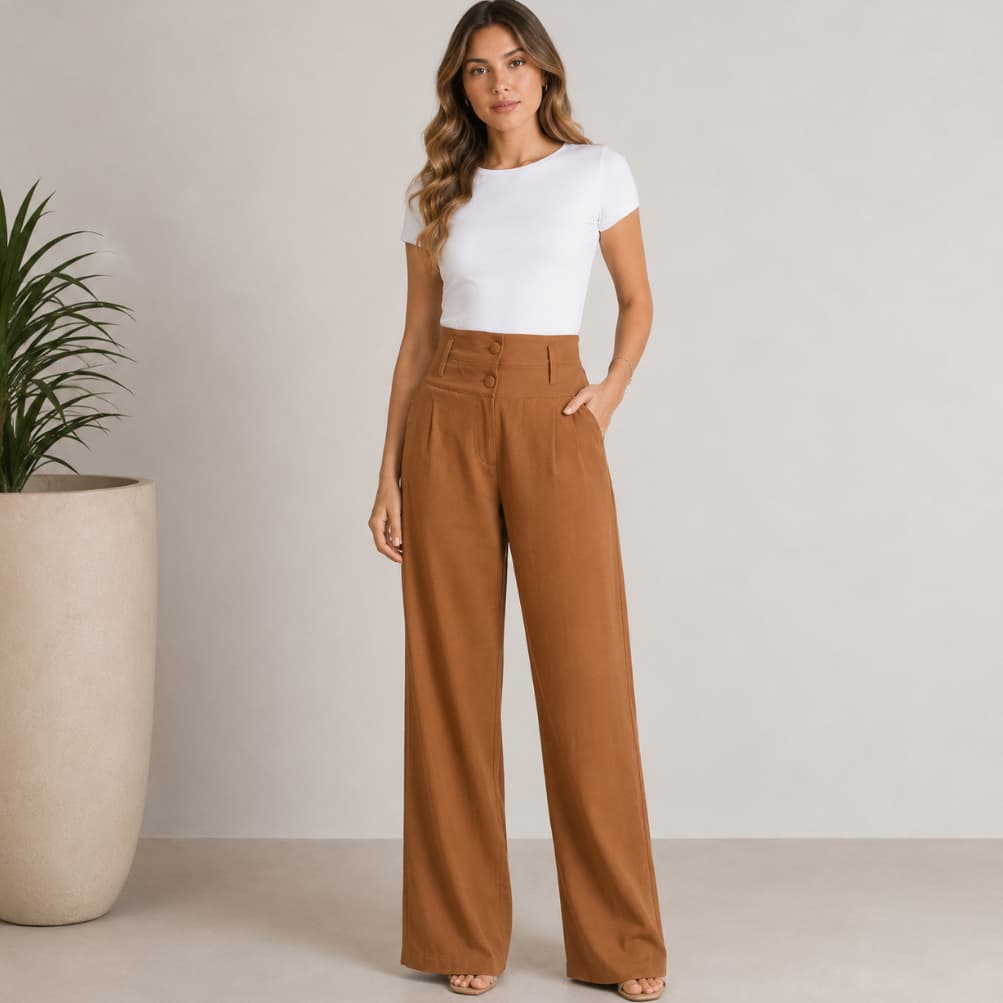 Calça Pantalona Feminino Cintura Alta Tecido Marrant Sensorial