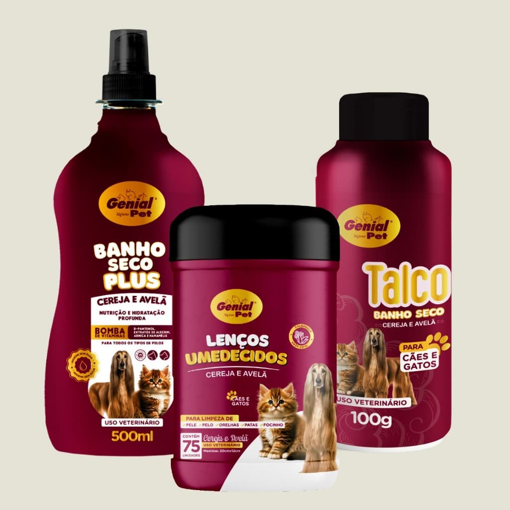 Kit Banho a Seco Gato Shampoo a Seco + Lenço Umedecido + Talco Perfumado Pet Genial