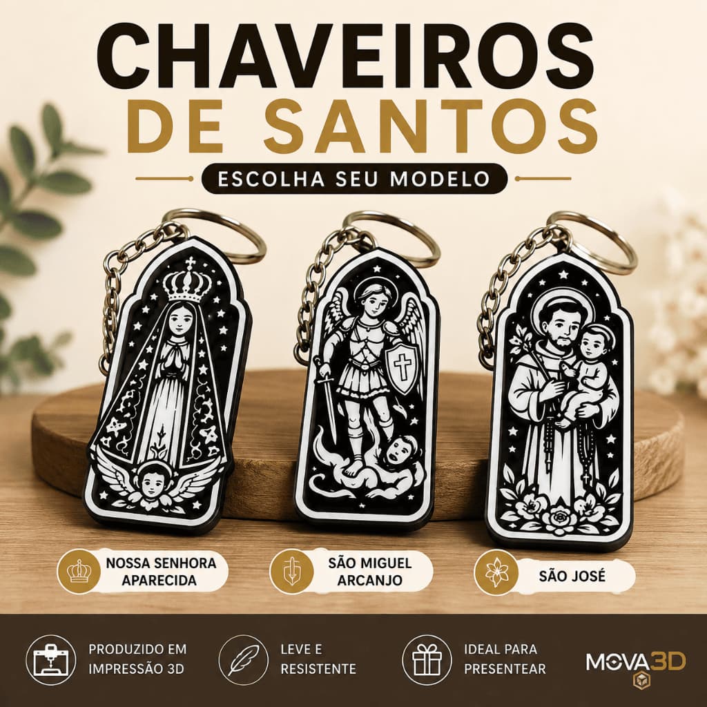 Chaveiro Religioso de Santos Católicos 3D – São José, São Miguel, Nossa Senhora Aparecida e Mais Modelos