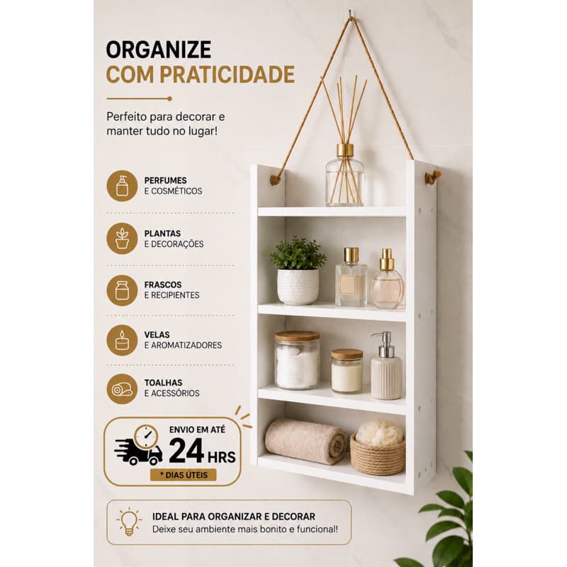 Nicho Organizador Suspenso 3 Prateleiras MDF 15mm com Corda Sisal para Banheiro Cozinha Quarto Sala