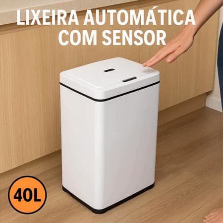Lixeira Automatica Retangular 40 Litros Sensor Infravermelho Aco Branca/Preto Residencial Comercial
