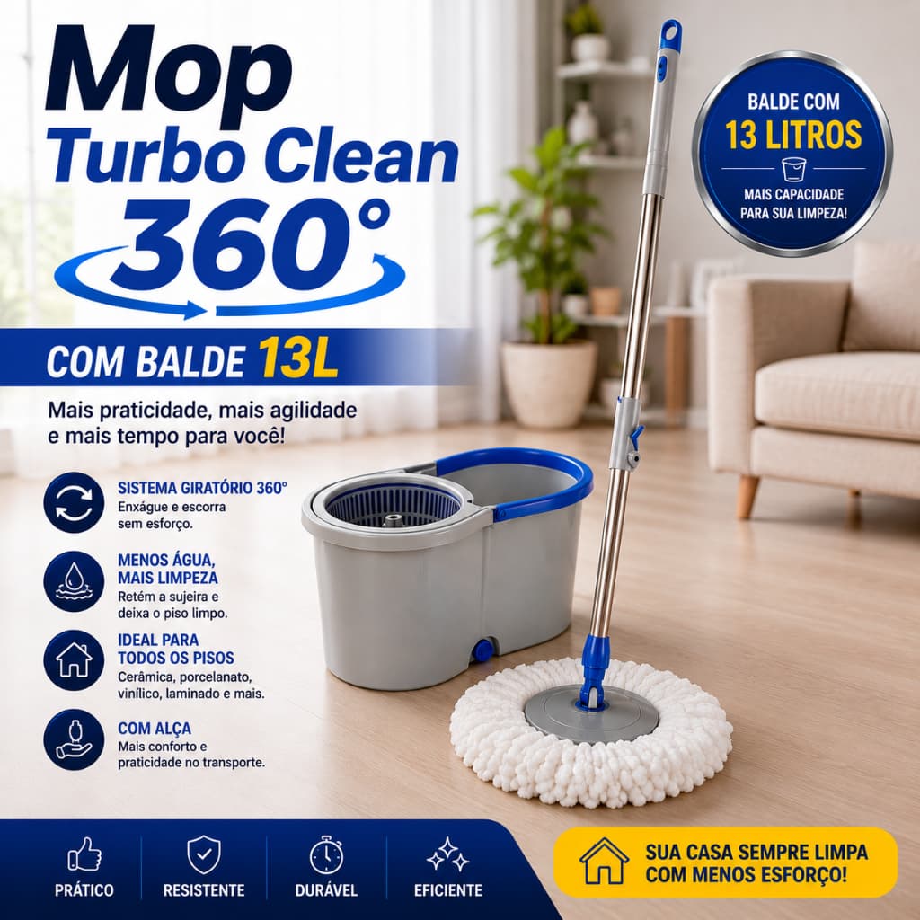 Mop Turbo Clean 360° com Balde 13 Litros Giratório para Limpeza de Pisos