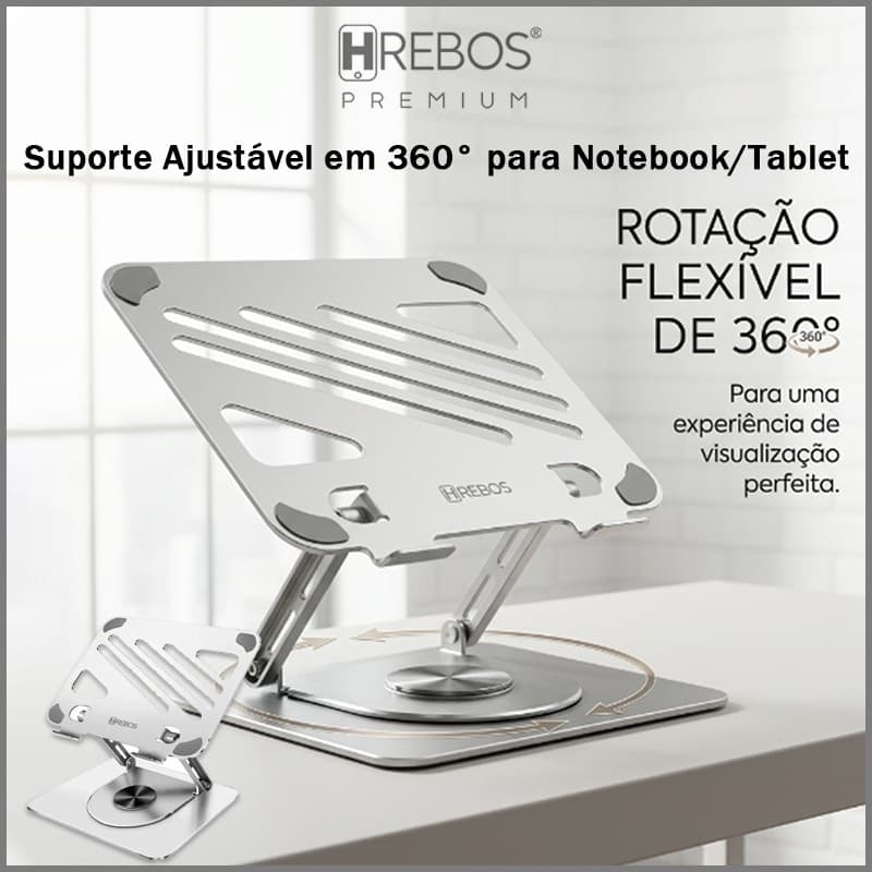 HREBOS Suporte para Notebook Ajustável 360°, Base em Alumínio Dobrável, Regulagem de Para todos os tamanhos