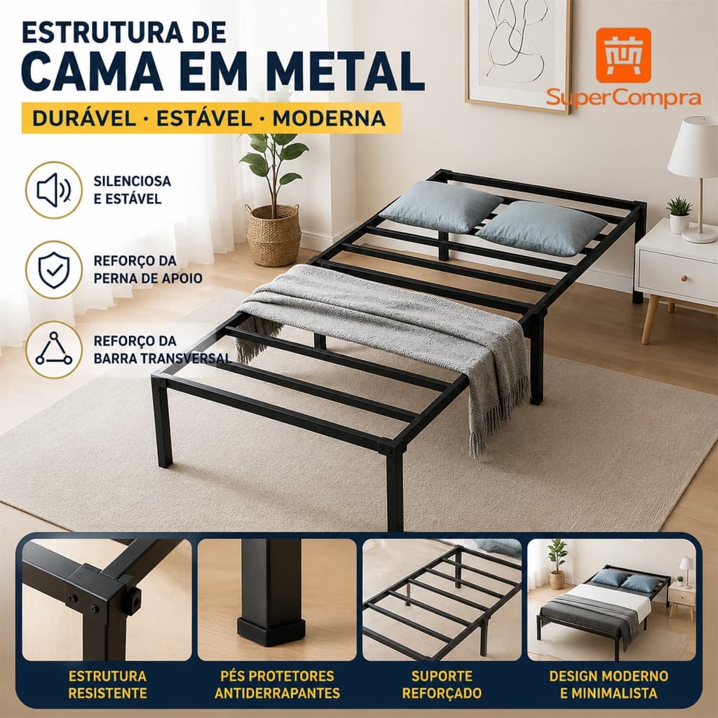Suporte para cama em metal cama dobrável casal estrado de cama resistente montagem simples alta durabilidade