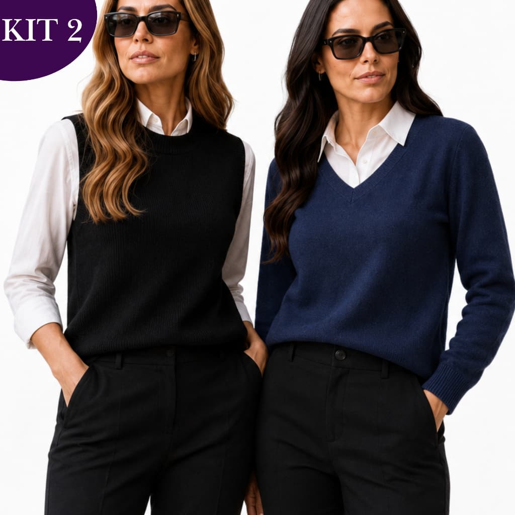 Kit 2 Feminino Tricô Colete Gola Alta Mullet + Suéter Decote V Manga Longa Inverno