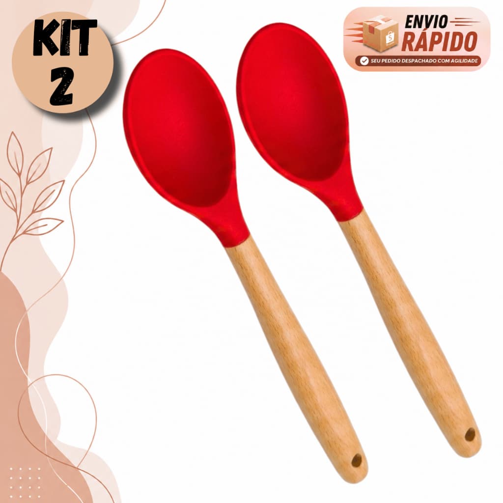 Conjunto De Colher de Silicone Antiaderente Resiste ao Calor Cabo Madeira 29cm Cozinha Arroz e Farofa