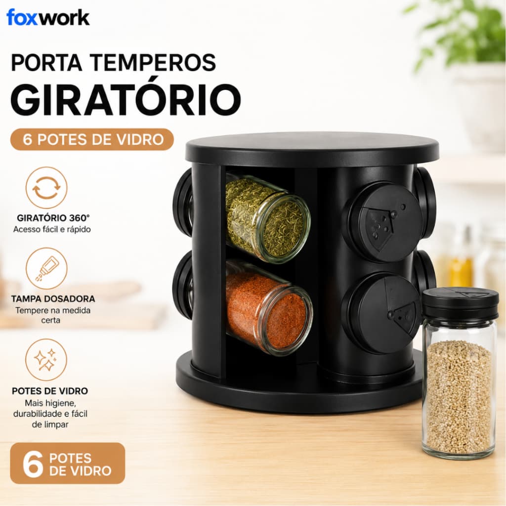 Porta Condimentos Giratório 360° com 6 Potes de Vidro - Organizador de Temperos - Tampa Dosadora
