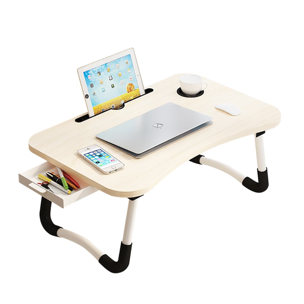 Mesa Dobrável para Notebook com Gaveta, Porta-Copos e Suporte para Tablet Ideal para Cama, Sofá e Estudo Portátil Leve