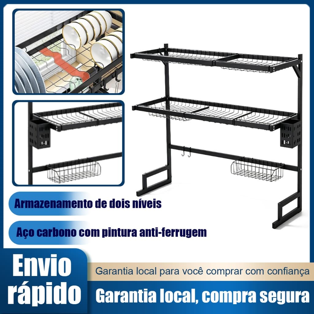 Escorredor de Louça Sobre Pia 2 Andares 65/85cm Suporte para Pratos Tigelas Tábuas de Corte Organizador Cozinha