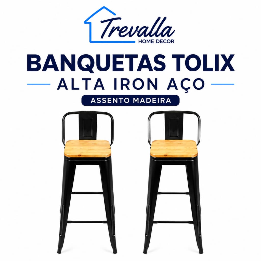 Kit 2 Banquetas Tolix Alta Iron Aço Assento Madeira Cozinha Balcão Bistrô Bitlar