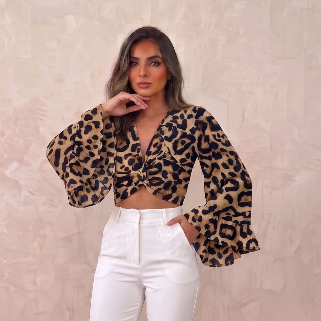 Cropped Feminino Manga Longa Sino Flare Decote V Nó Elegante Tendência Moda Look Festa Blogueira Verão / Inverno