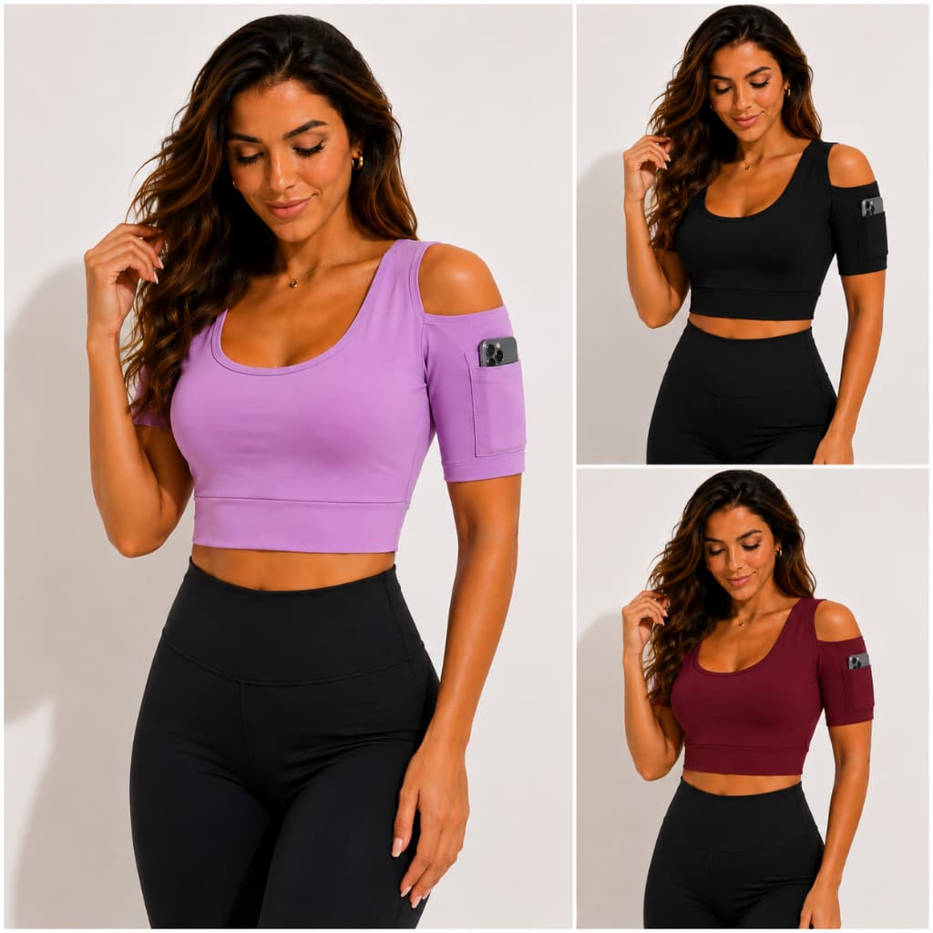 Top Com Bolso na Manga em Poliamida PROTEÇÃO UV Fitness Corrida Feminino