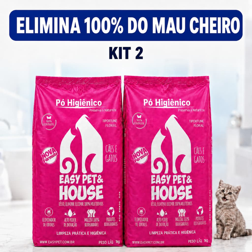 Kit 2 Pó Higiênico Pet Eliminador Odores Gatos Cães Seca Xixi Limpeza a Seco Caixa Areia Easy 1Kg