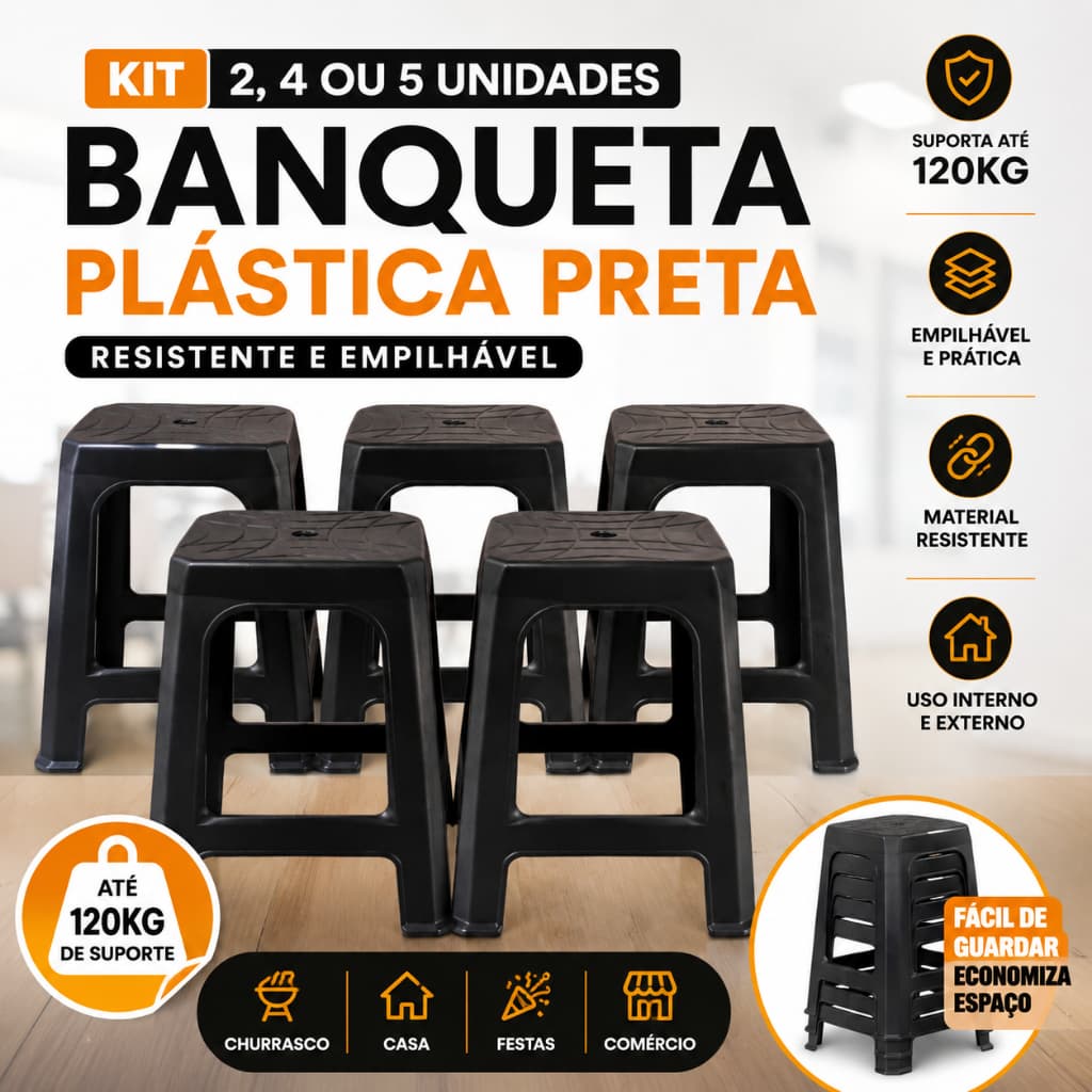 Kit Banquinho Plástico Preto Resistente Banqueta Empilhável Adulto 2 4 ou 5 Unidades