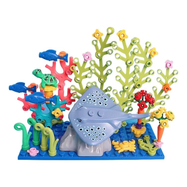 Blocos de Montar Fundo do Mar - Brinquedo Educativo Animais Marinhos (Arraia, Tartaruga e Corais)
