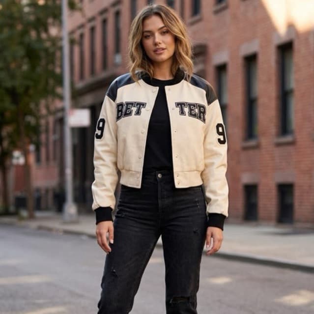 Jaqueta College Bomber Cropped Couro Fake Creme Botão Cromado e Zíper Tam GG