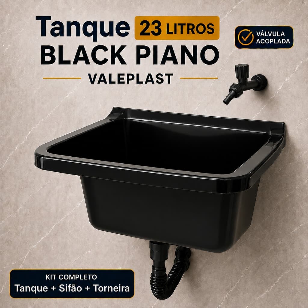 Tanque Black Piano Plástico 23 Litros Valeplast Lavanderia Válvula Acoplada Lavar Roupas Completo Torneira Sifão