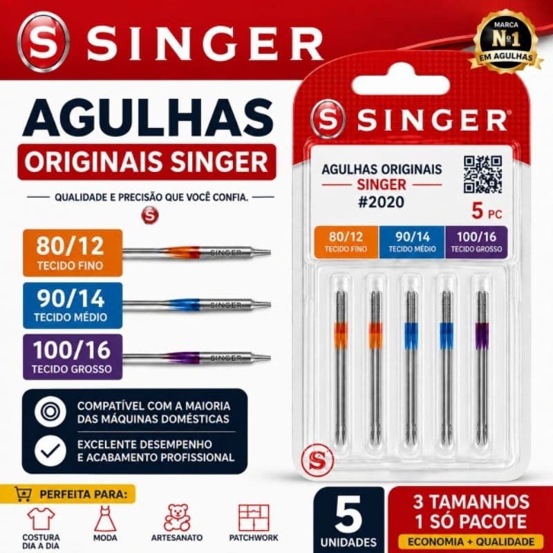 Conjunto de agulhas Singer Originais #2020 Máquina Doméstica Sortida (05 Unidades)