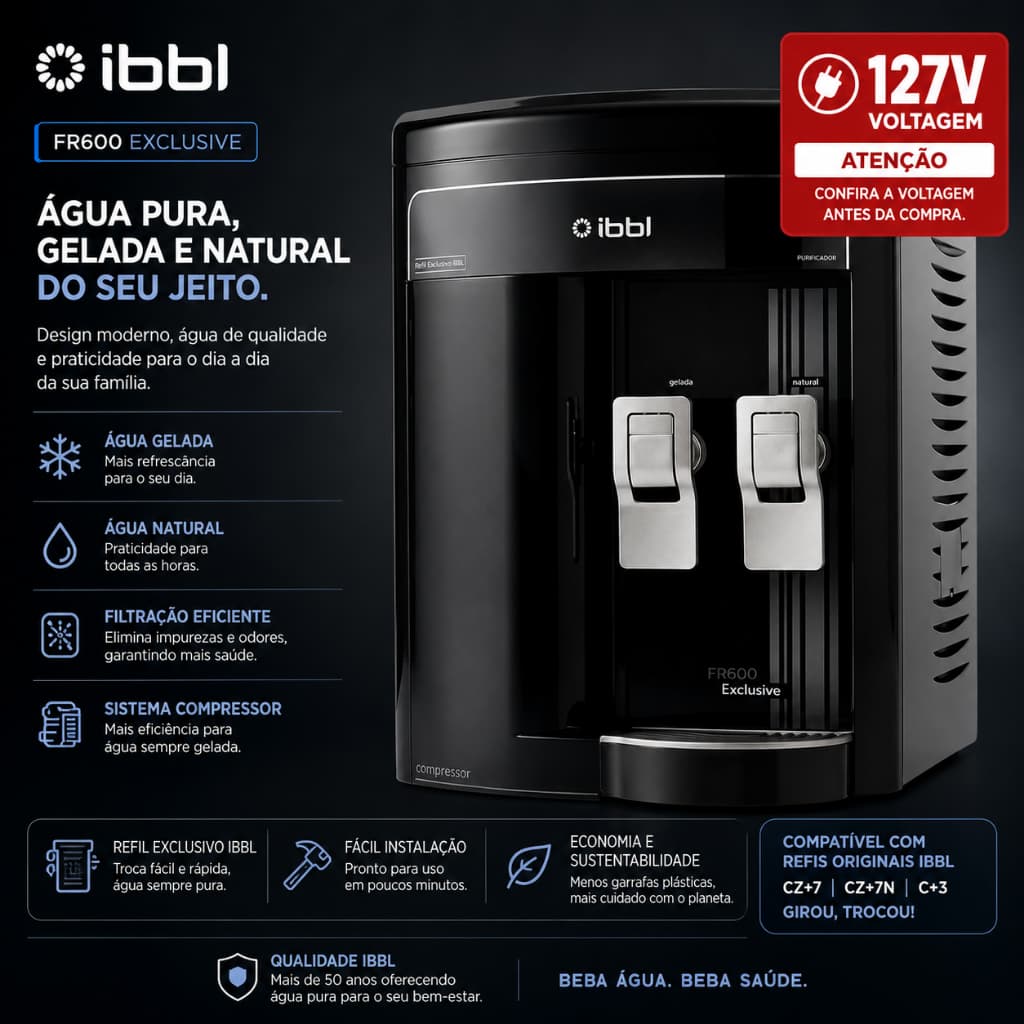Purificador de Água IBBL FR600 Exclusive Preto Compressor 127v Água Natural e Gelada