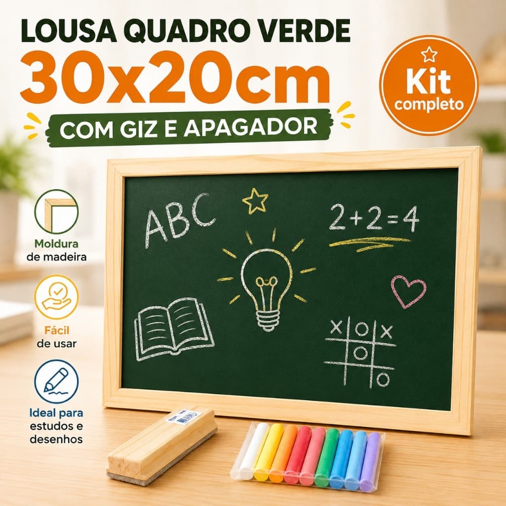 Lousa Quadro Verde 30x20cm com Giz e Apagador | Moldura de Madeira Escolar para Estudos, Desenhos e Crianças