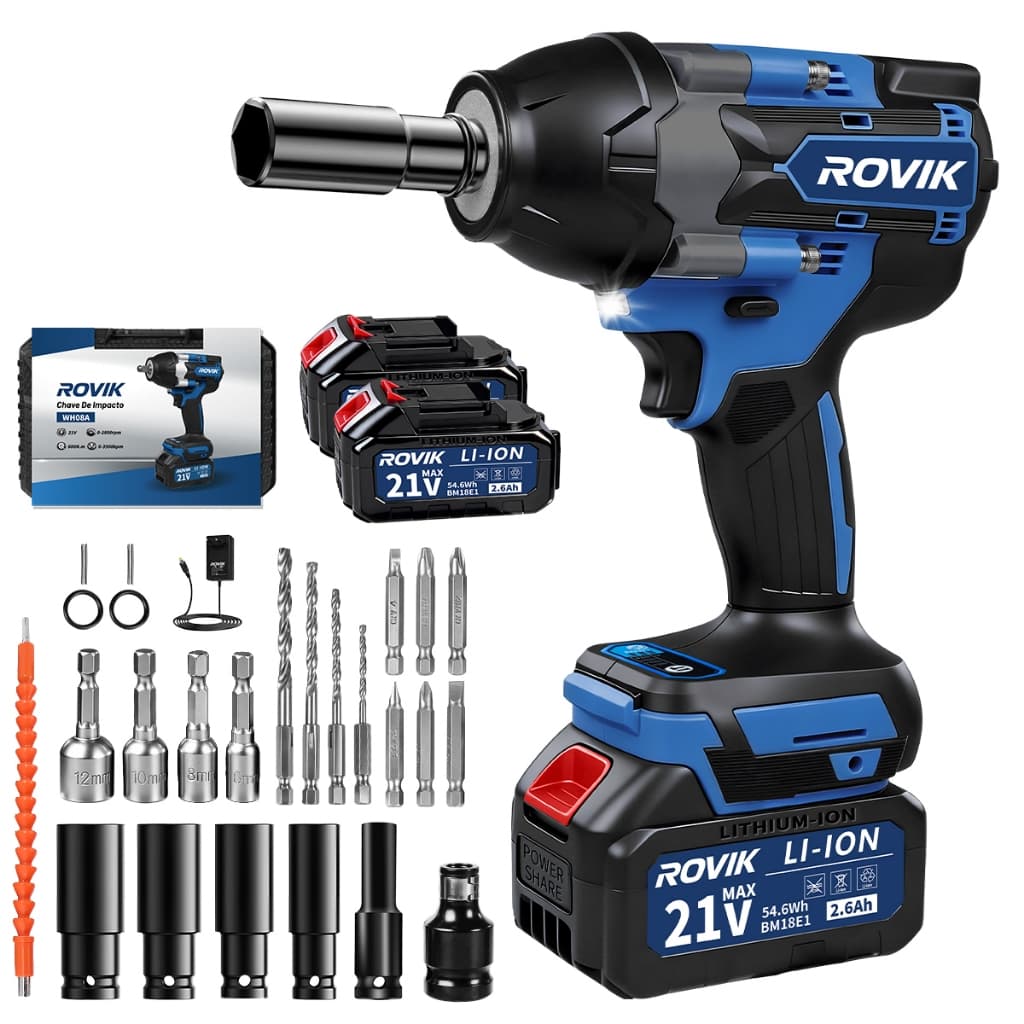 ROVIK Chave de Impacto 21V Íon-Lítio Sem Fio 1000Nm Brushless 3 Níveis de Impacto Kit Soquetes 2 Baterias