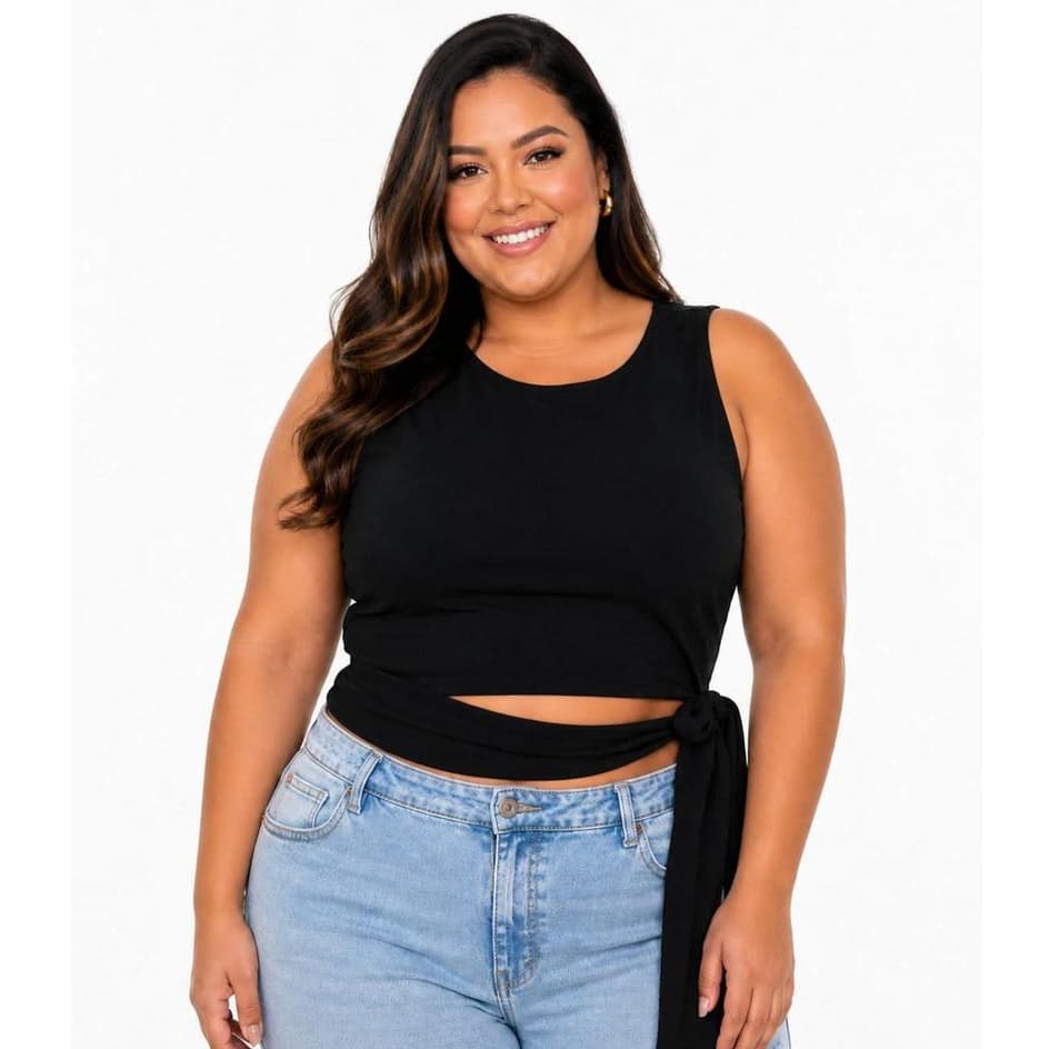 Cropped Plus Size Suplex Premium Feminino Regata Slim com Faixa de Amarração Lateral Tamanhos 38 ao 52