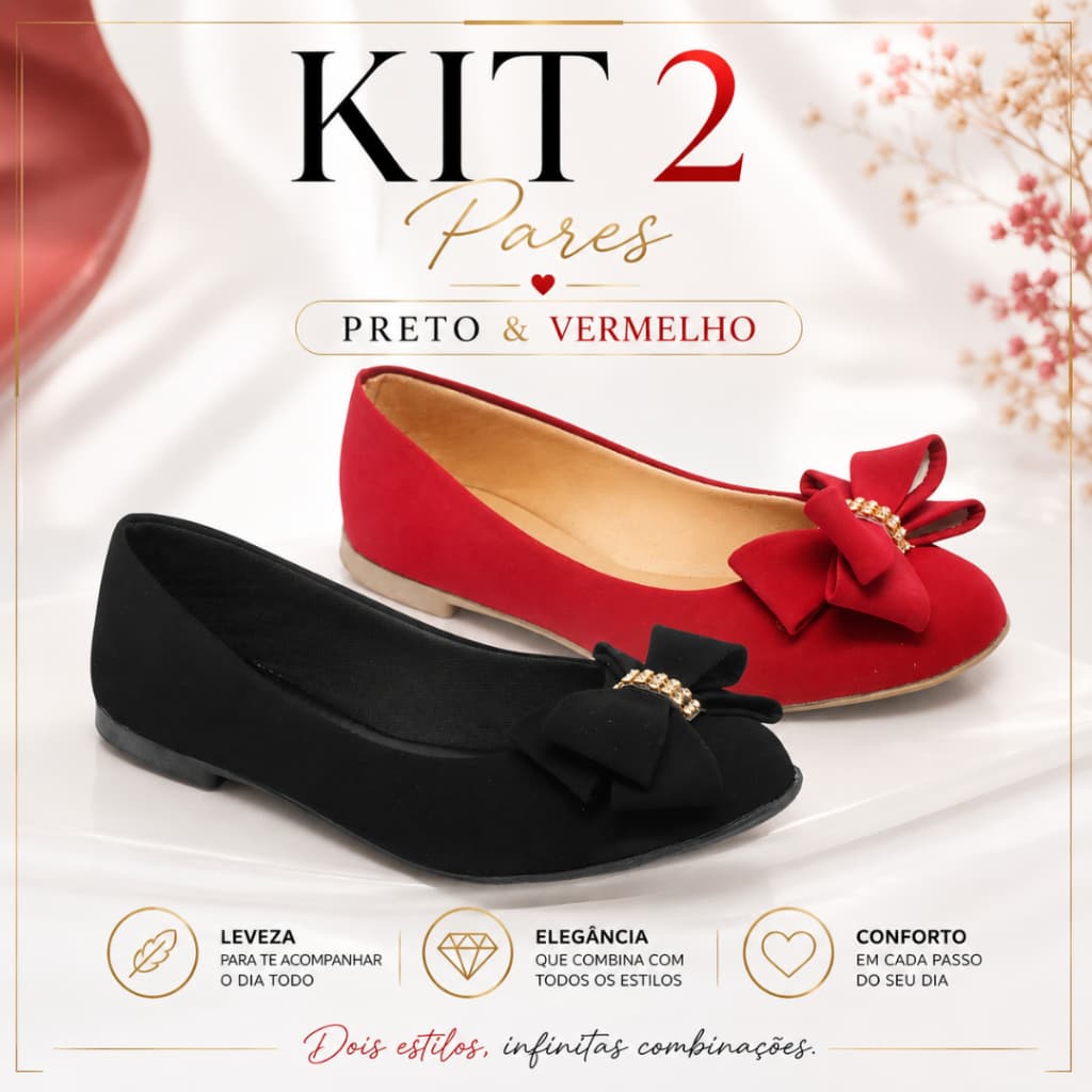 Kit 2 Pares, Sapatilha Strass Bico Redondo Feminina  Preta e Vermelha Confortável