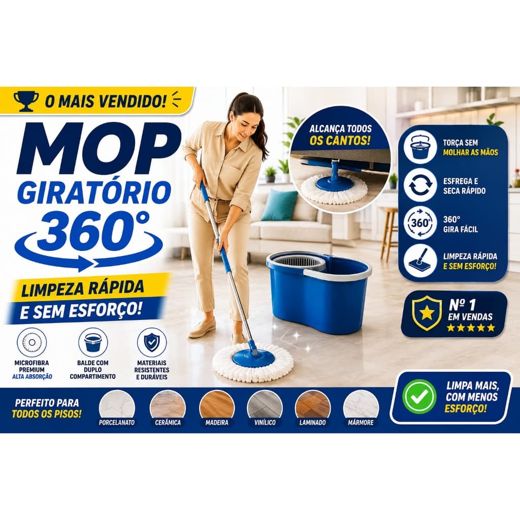 Mop Giratório 360° 13L com Balde Limpeza Rápida e Fácil