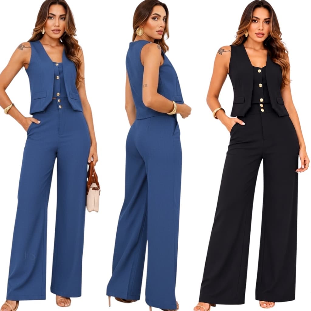 CONJUNTO ALFAIATARIA FEMININO CALÇA PANTALONA E COLETE COM BOTAO LOOK CASUAL CHIC TENDENCIA 2026