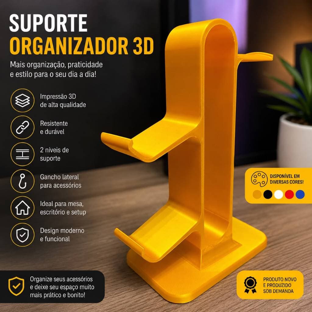 Suporte Gamer de Mesa para 2 Controles PS5 Xbox PS4 e Headset Organizador Setup