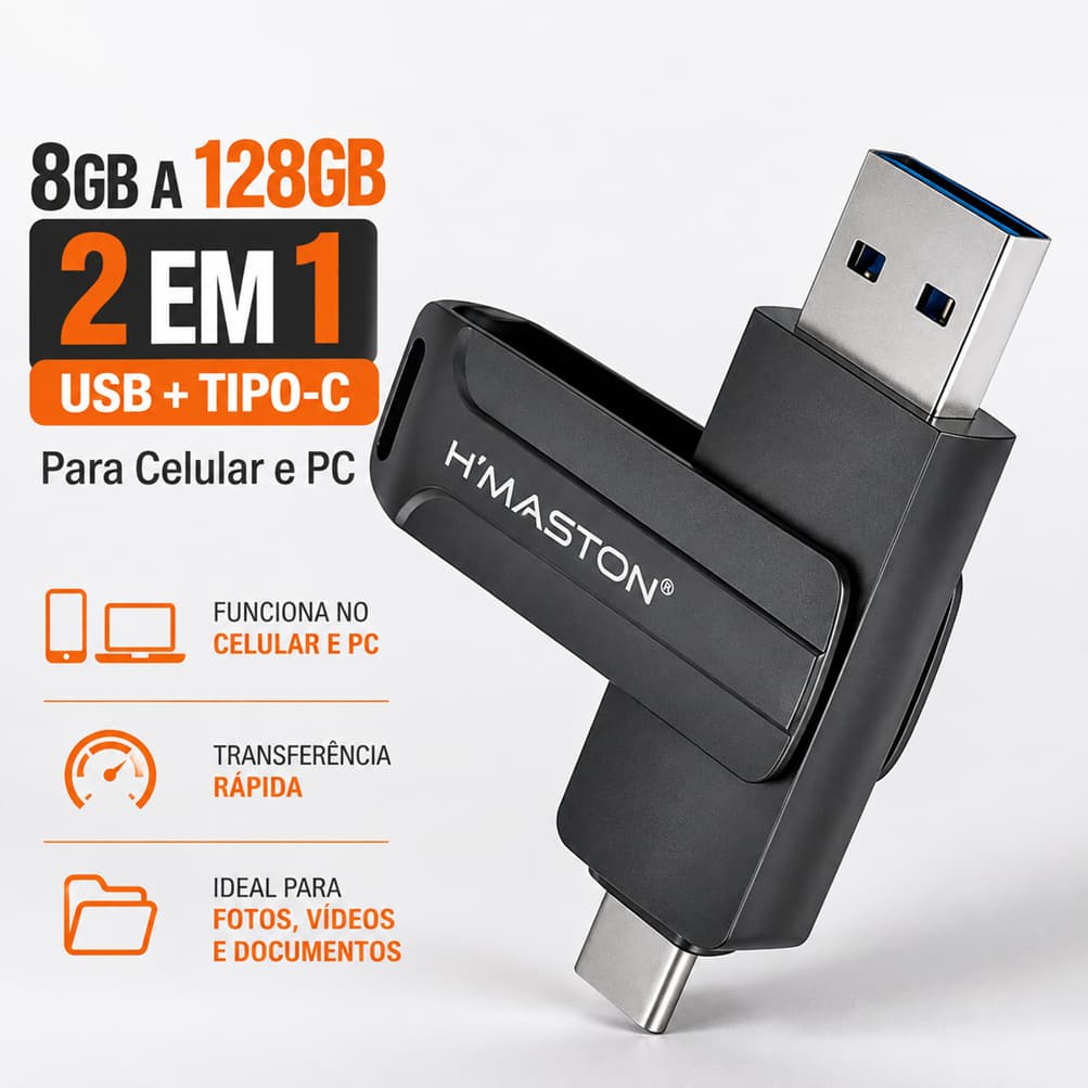 Pen Drive 2 em 1 USB e Tipo C OTG 8GB 16GB 32GB 64GB 128GB para Celular PC Notebook H'Maston HM-TF128