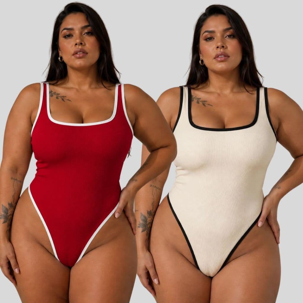 Kit Body Feminino Ribana Tok Plus Size Algodão Decote Quadrado Bicolor Alça Larga Moda Feminina Confortável