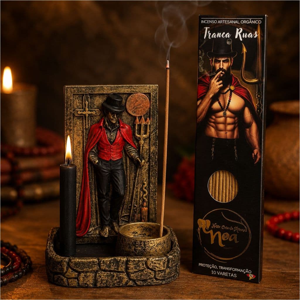 Incensário Exu Tranca Ruas Com Vela Porta Incenso Altar Umbanda Em Resina Decoração Espiritual