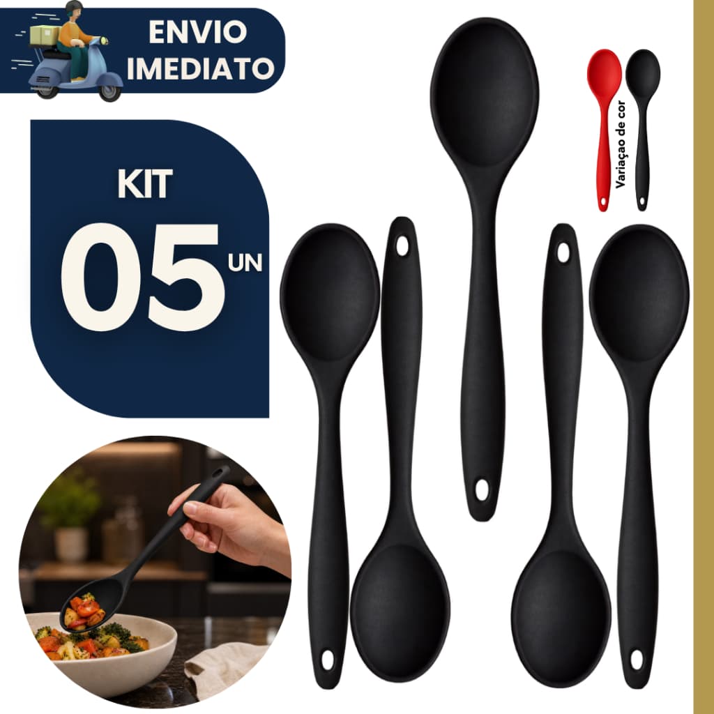 Kit 5 Colheres de Silicone Grande 27cm para Arroz Utensílio de Cozinha Resistente Antiaderente
