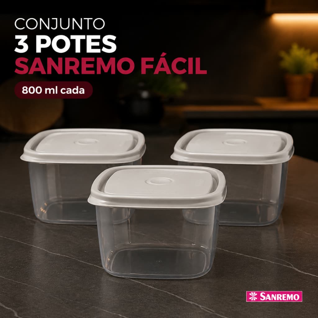 Kit 3 Potes Sanremo Fácil 800ml com Tampa Hermética BPA Free para Micro-ondas e Freezer