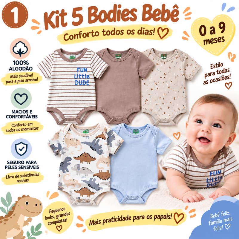 Payifang Kit Body Bebê Menino 0-9 Meses 100% Algodão Listras Dinossauro Triângulo Liso 5 Unidades Roupa Bebê Verão Infan