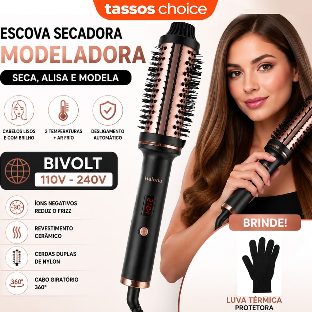 Halona Escova Secadora Alisadora Modeladora Térmica 2 Em 1 Profissional Bivolt 110-240V LCD Anti Frizz Para Cabelo