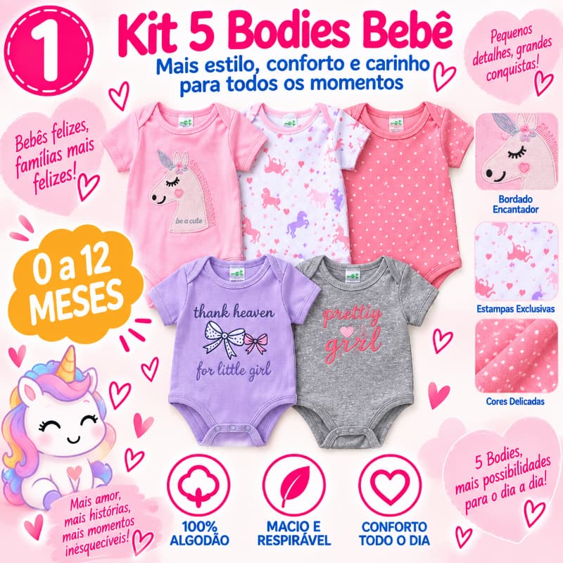 Kit 5 Bodies Bebê Menina Manga Curta Algodão Body Infantil Recém-Nascida 0 a 12 Meses