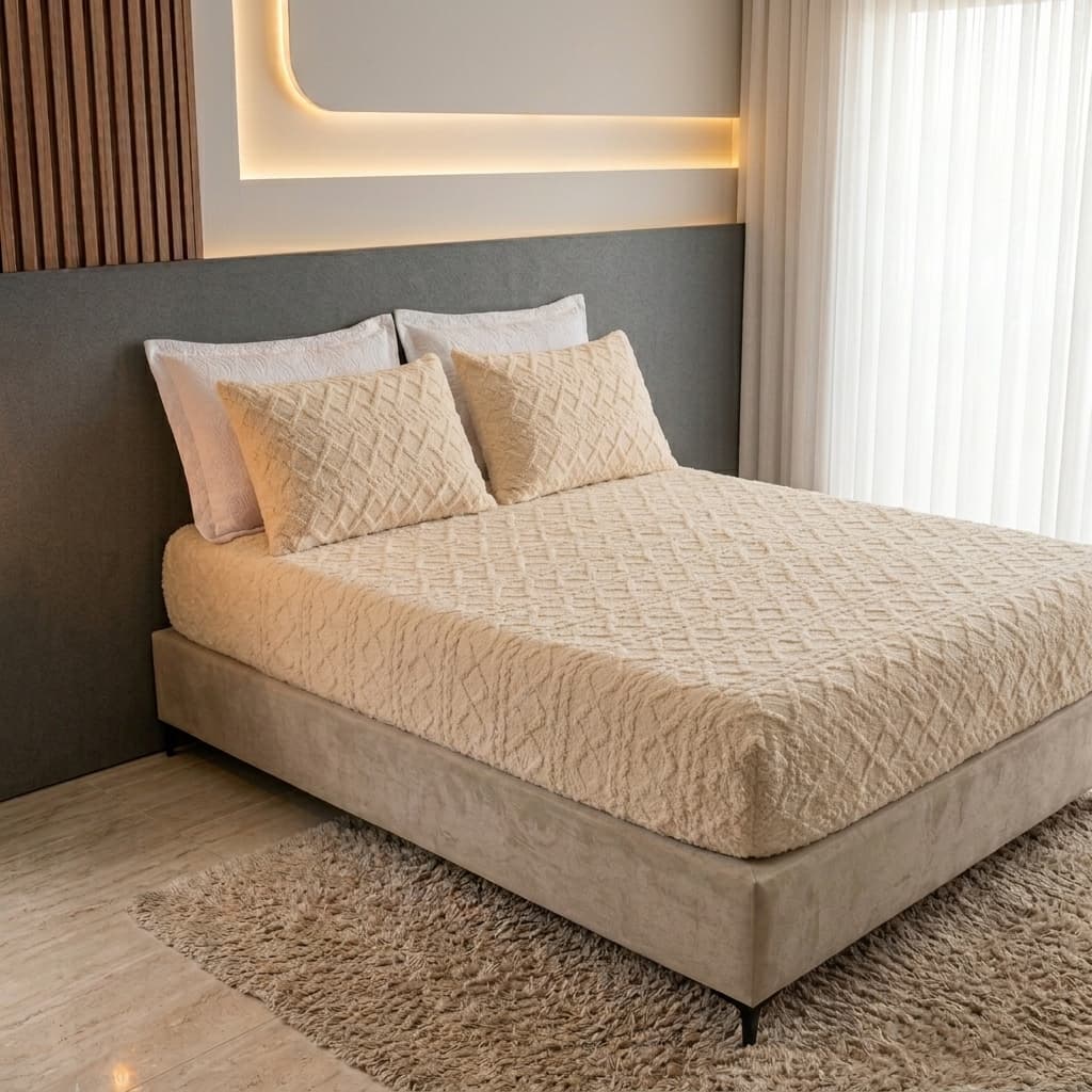 Lençol com Elástico Plush Quentinho, Alto Relevo, Macio e Luxuoso para Cama Casal, Solteiro e Queen