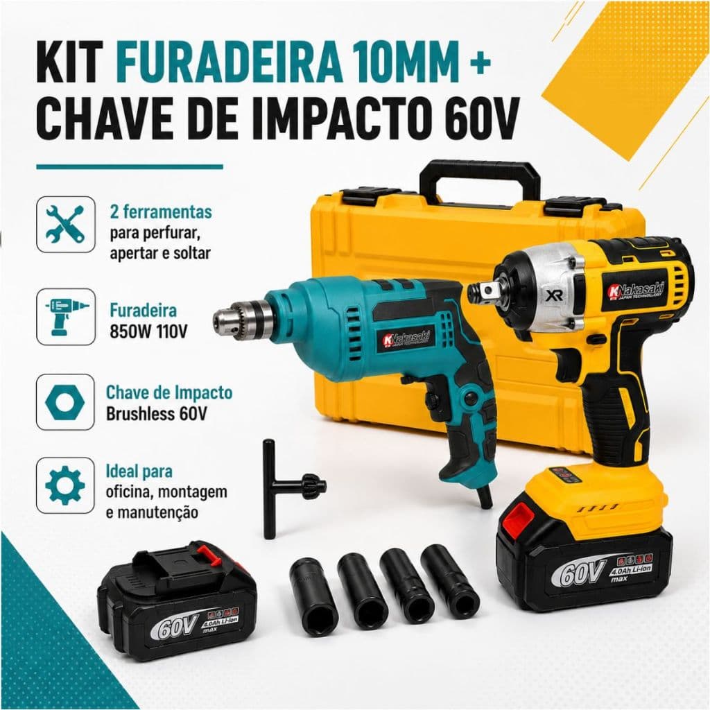 Chave De Impacto 60V Brushless Encaixe 1/2 E Soquetes Furadeira Elétrica 10mm 110V 850W Para Metal E Madeira Com Maleta