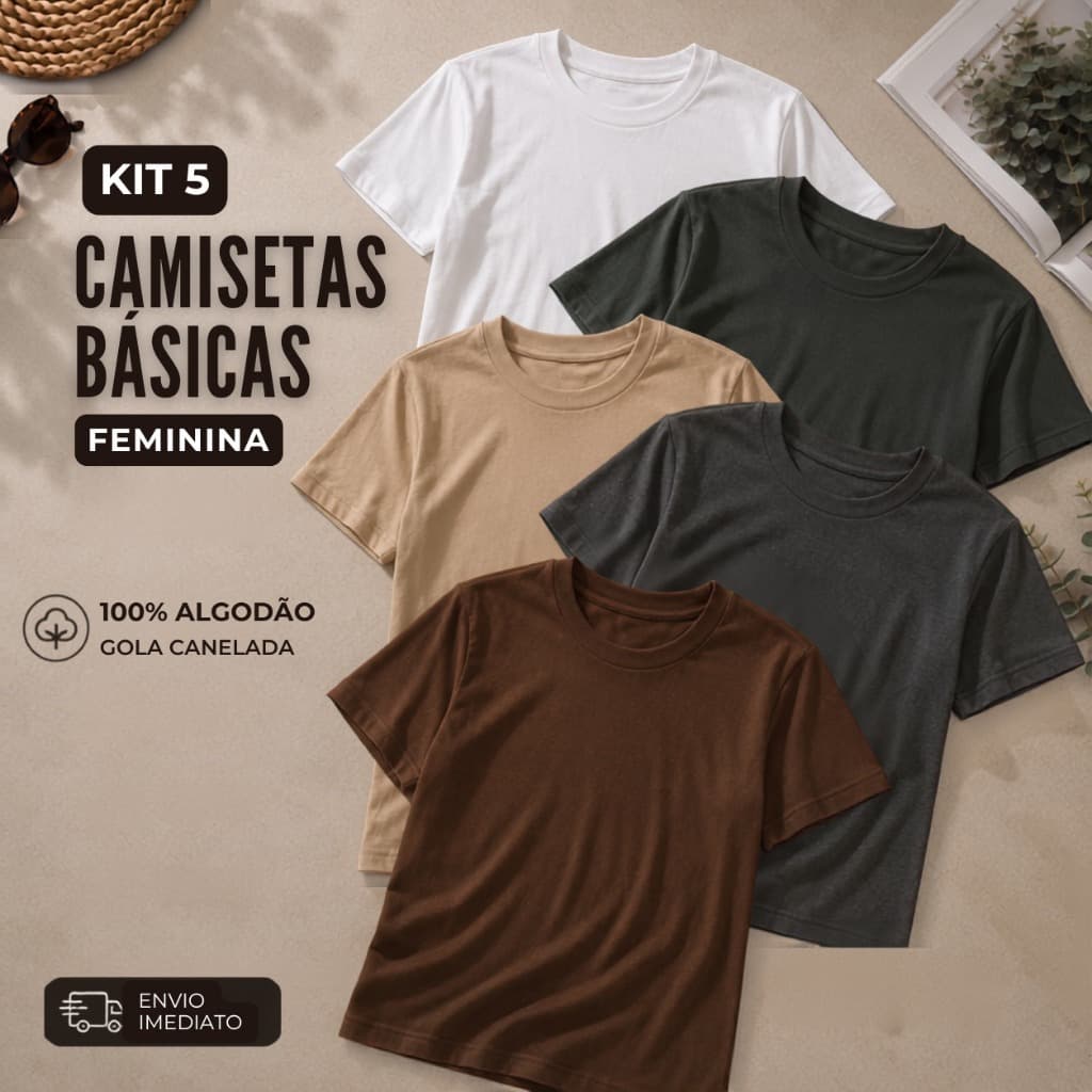 Kit 5 Camisetas Básicas Femininas 100% Algodão Blusa Confortável Casual Leve Dia a Dia