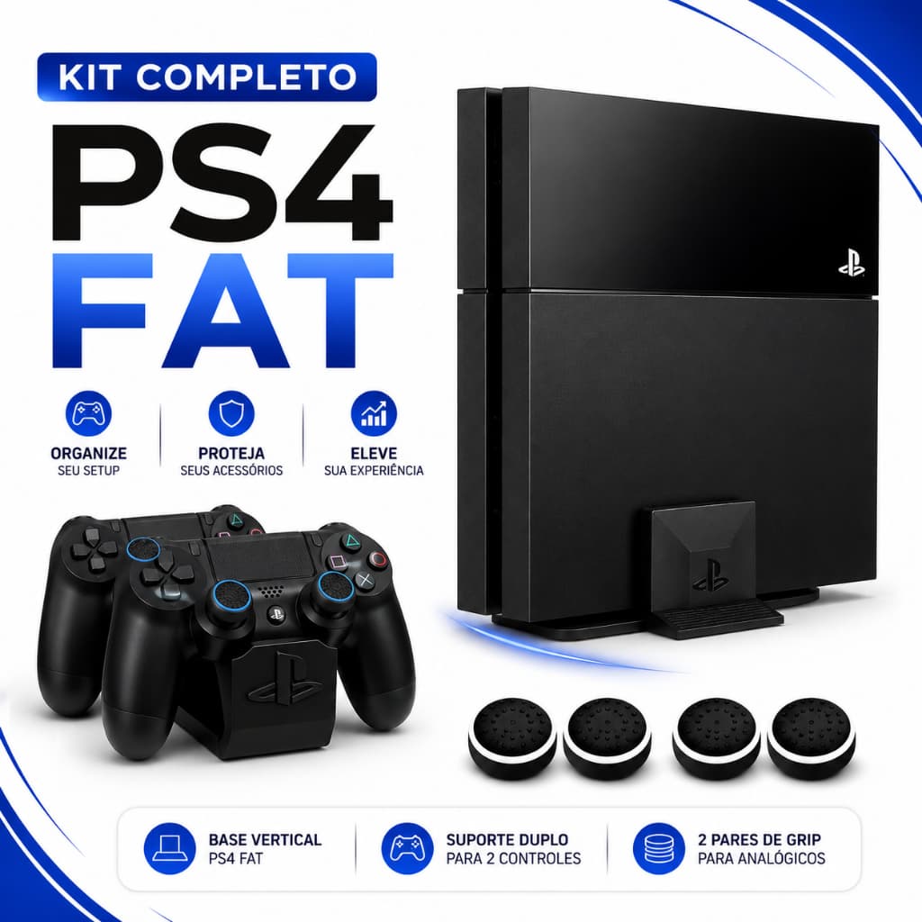 Kit Base Apoio PS4 Fat + Suporte Para 2 Controles PS4 + Grip