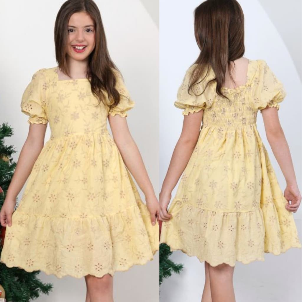 Vestido Infantil Meninas Laise Bicolor Bordado Manga Princesa Curto Juvenil Festa CASUAL
